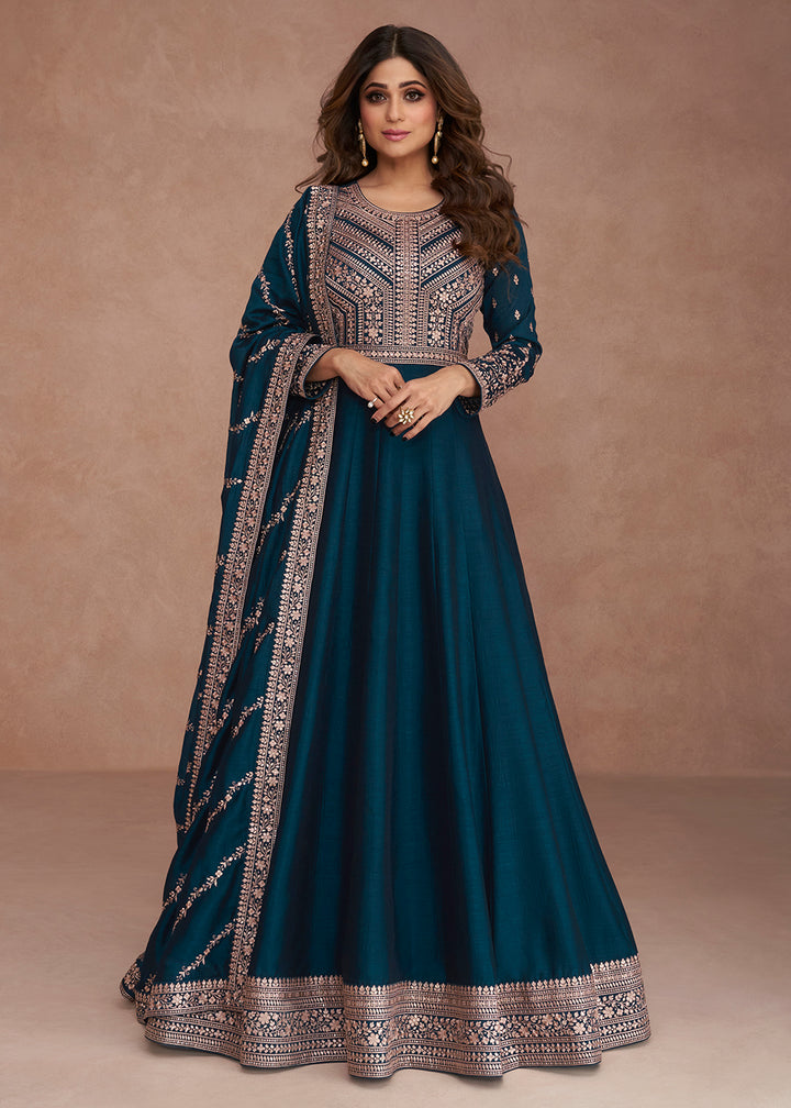 Buy Now Shamita Shetty Festive Blazing Teal Blue Silk Anarkali Suit Online in USA, UK, Australia, New Zealand, Canada, Italy & Worldwide at Empress Clothing.