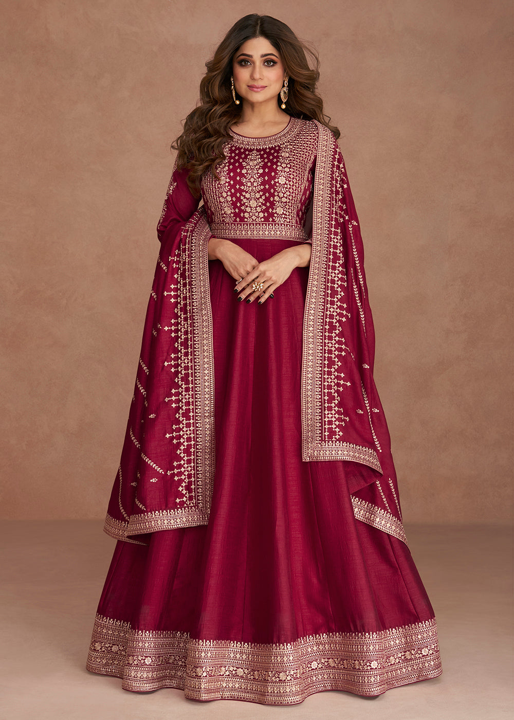 Buy Now Shamita Shetty Festive Crimson Pink Silk Anarkali Suit Online in USA, UK, Australia, New Zealand, Canada, Italy & Worldwide at Empress Clothing. 