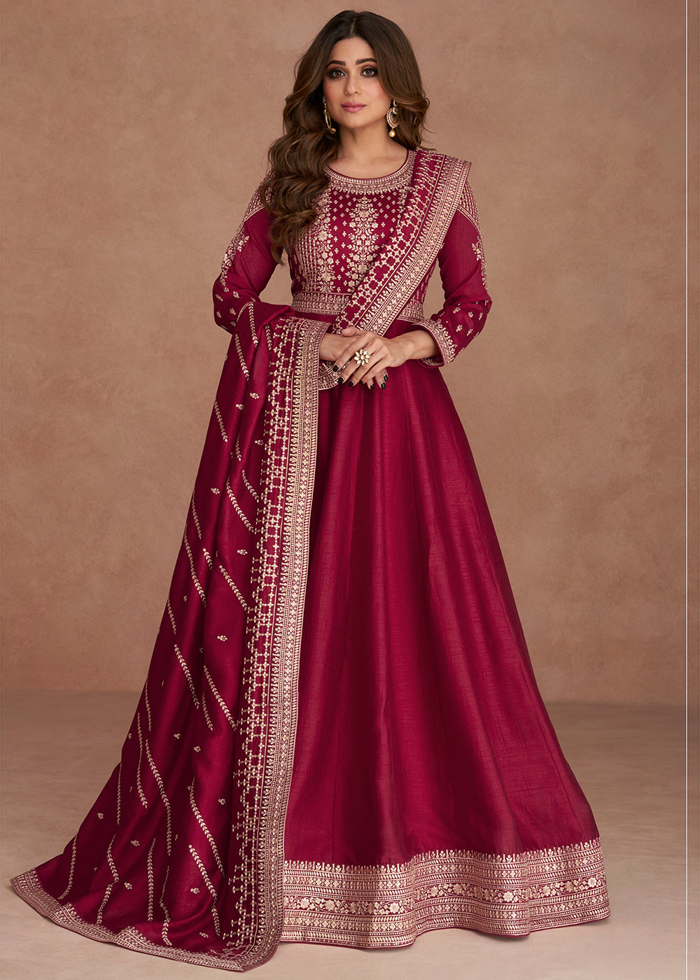Buy Now Shamita Shetty Festive Crimson Pink Silk Anarkali Suit Online in USA, UK, Australia, New Zealand, Canada, Italy & Worldwide at Empress Clothing. 