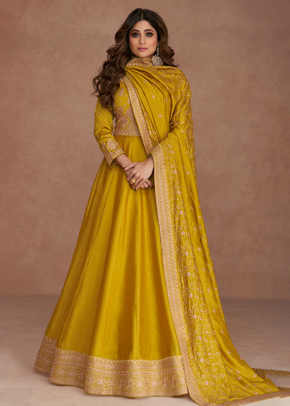 Buy Now Shamita Shetty Festive Enticing Yellow Silk Anarkali Suit Online in USA, UK, Australia, New Zealand, Canada, Italy & Worldwide at Empress Clothing.