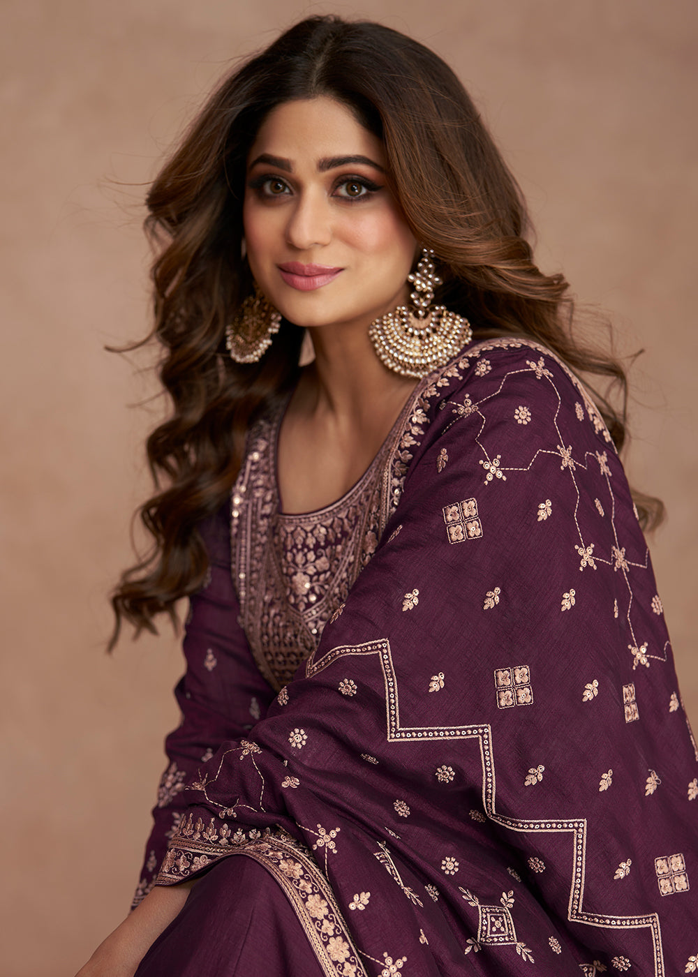 Buy Now Shamita Shetty Festive Luminous Purple Silk Anarkali Suit Online in USA, UK, Australia, New Zealand, Canada, Italy & Worldwide at Empress Clothing. 