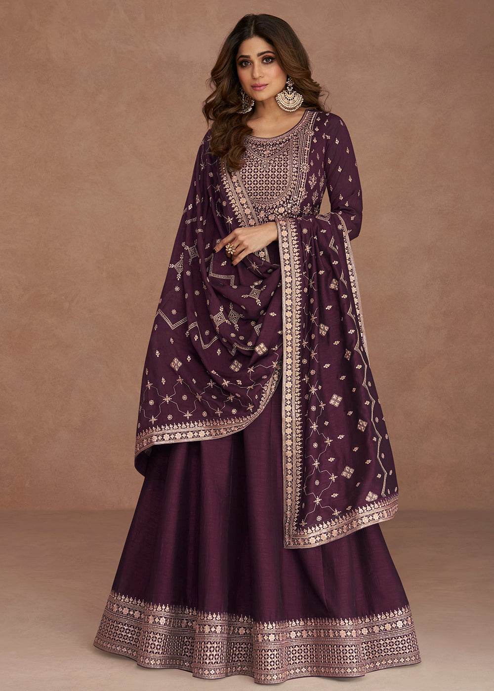 Buy Now Shamita Shetty Festive Luminous Purple Silk Anarkali Suit Online in USA, UK, Australia, New Zealand, Canada, Italy & Worldwide at Empress Clothing. 
