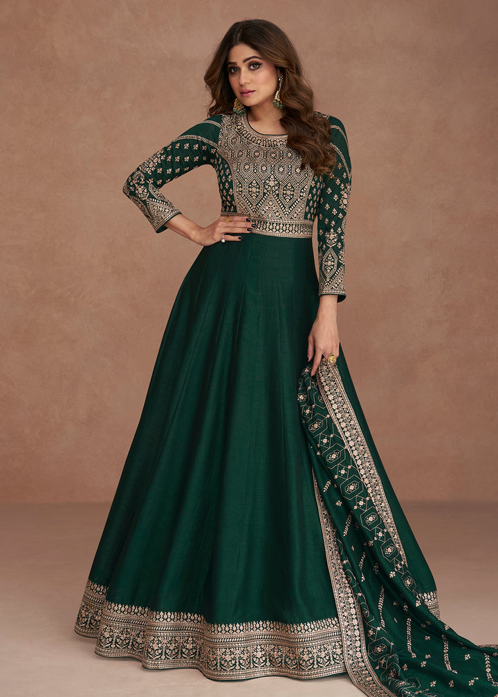 Buy Now Shamita Shetty Festive Dark Green Silk Anarkali Suit Online in USA, UK, Australia, New Zealand, Canada, Italy & Worldwide at Empress Clothing. 