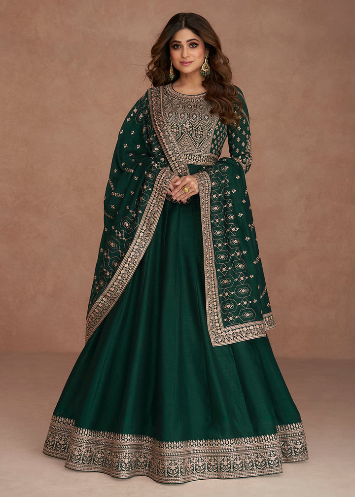 Buy Now Shamita Shetty Festive Dark Green Silk Anarkali Suit Online in USA, UK, Australia, New Zealand, Canada, Italy & Worldwide at Empress Clothing. 