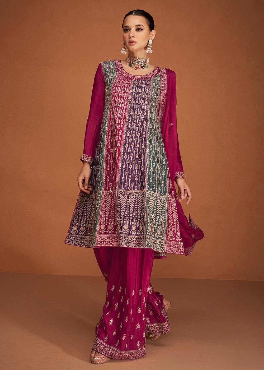 Shop Now Festive Party Engrossing Pink Embroidered Chinon Silk Sharara Suit Online at Empress Clothing in USA, UK, Canada, Italy & Worldwide. 