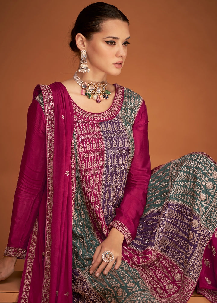 Shop Now Festive Party Engrossing Pink Embroidered Chinon Silk Sharara Suit Online at Empress Clothing in USA, UK, Canada, Italy & Worldwide. 