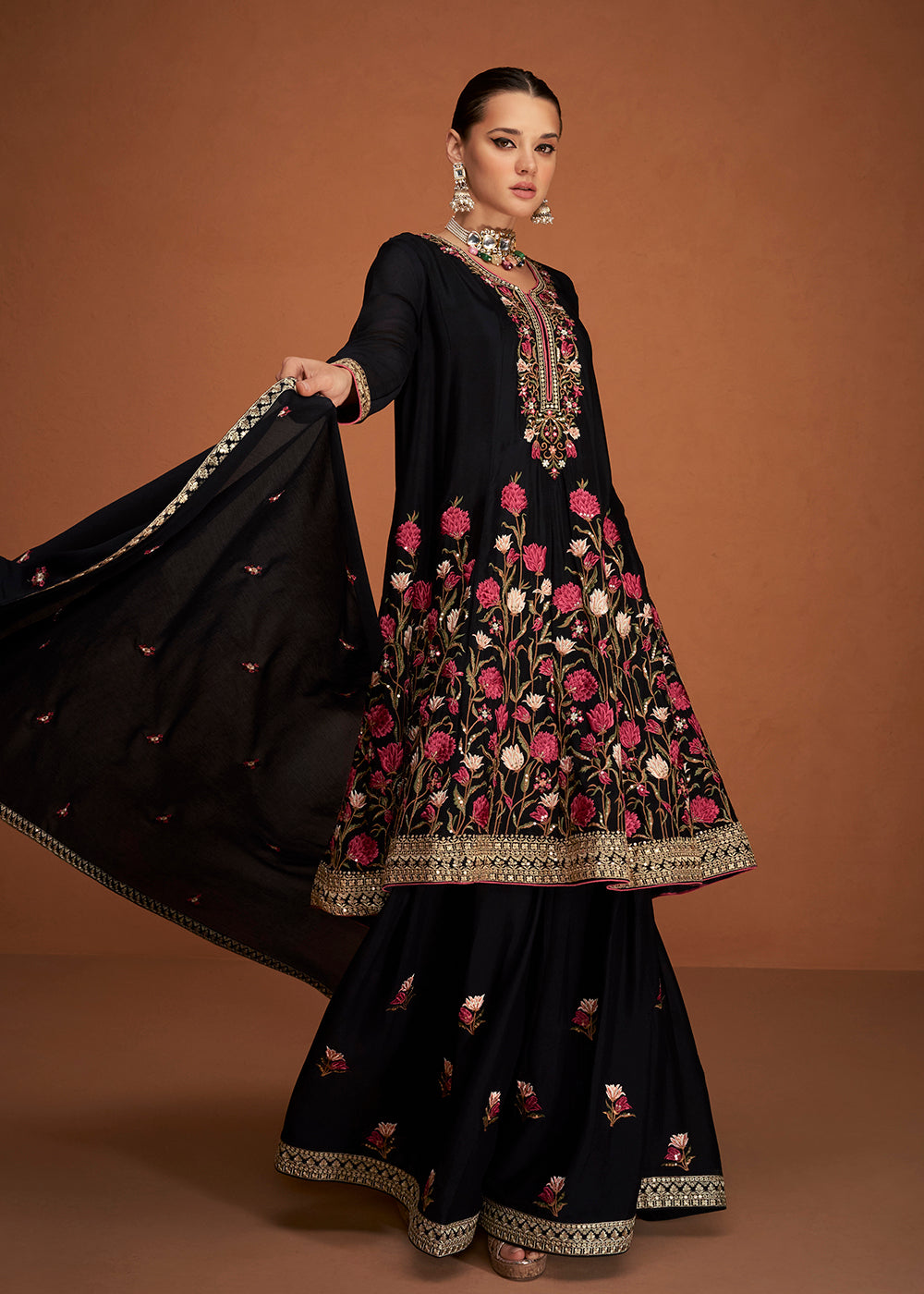 Shop Now Festive Party Breathtaking Black Embroidered Chinon Silk Sharara Suit Online at Empress Clothing in USA, UK, Canada, Italy & Worldwide.