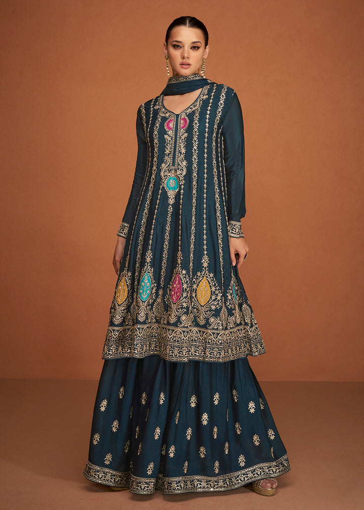 Shop Now Festive Party Turquoise Blue Embroidered Chinon Silk Sharara Suit Online at Empress Clothing in USA, UK, Canada, Italy & Worldwide.
