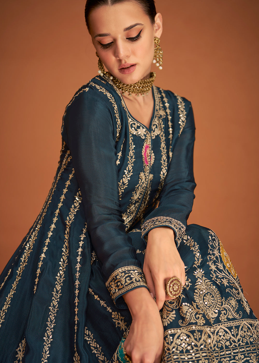 Shop Now Festive Party Turquoise Blue Embroidered Chinon Silk Sharara Suit Online at Empress Clothing in USA, UK, Canada, Italy & Worldwide.