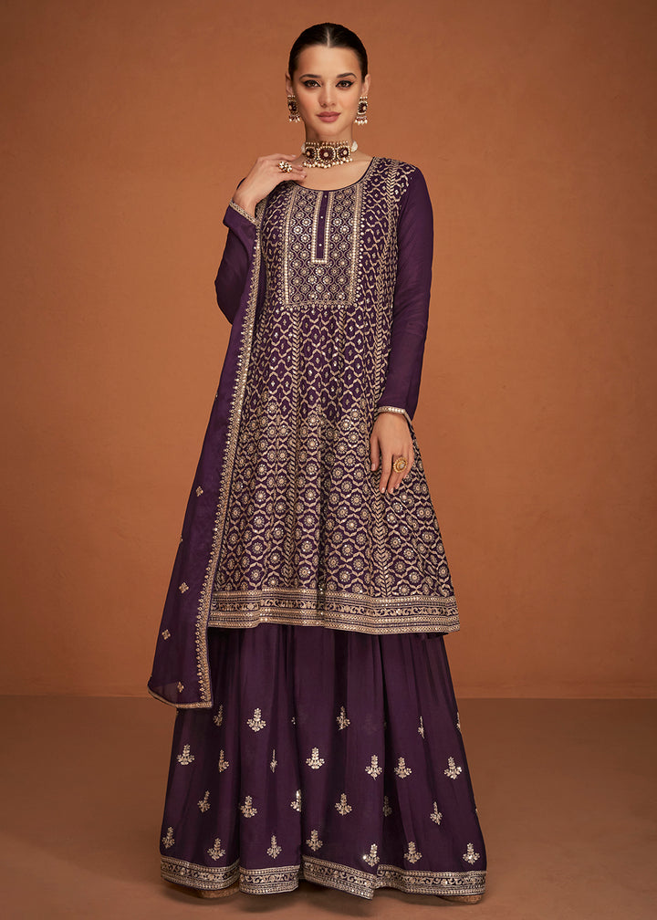 Shop Now Festive Party Charming Wine Embroidered Chinon Silk Sharara Suit Online at Empress Clothing in USA, UK, Canada, Italy & Worldwide. 
