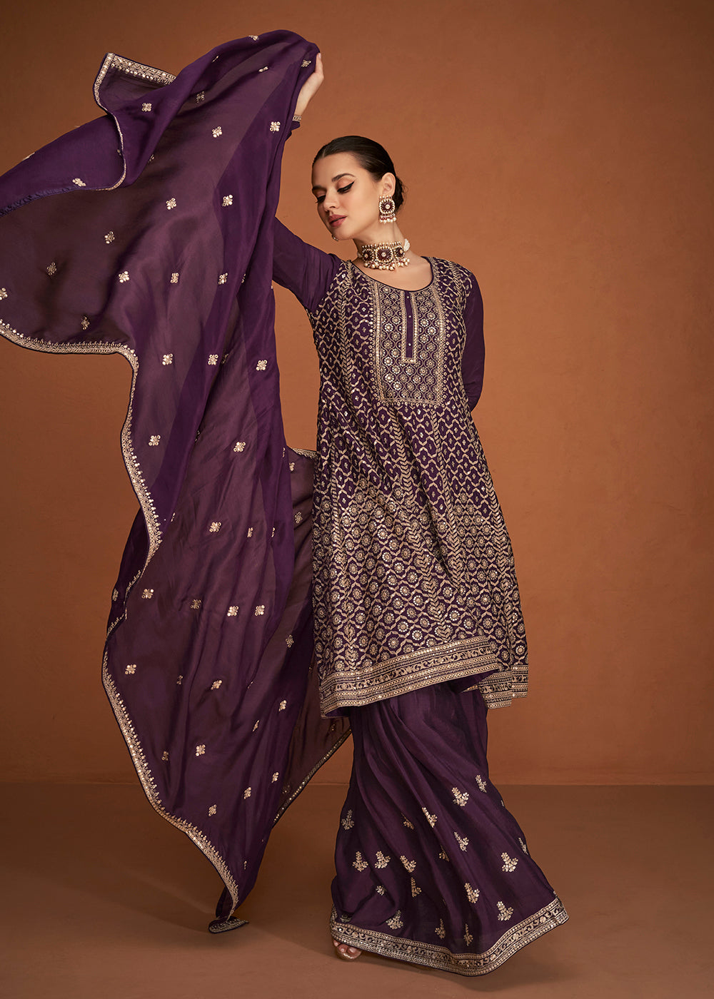 Shop Now Festive Party Charming Wine Embroidered Chinon Silk Sharara Suit Online at Empress Clothing in USA, UK, Canada, Italy & Worldwide. 