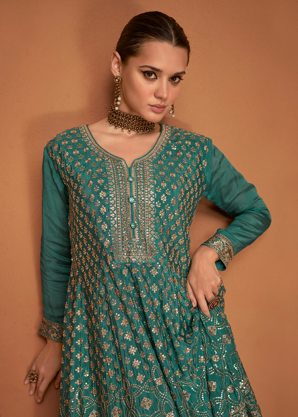 Shop Now Festive Party Emphatic Sage Green Embroidered Chinon Silk Sharara Suit Online at Empress Clothing in USA, UK, Canada, Italy & Worldwide. 
