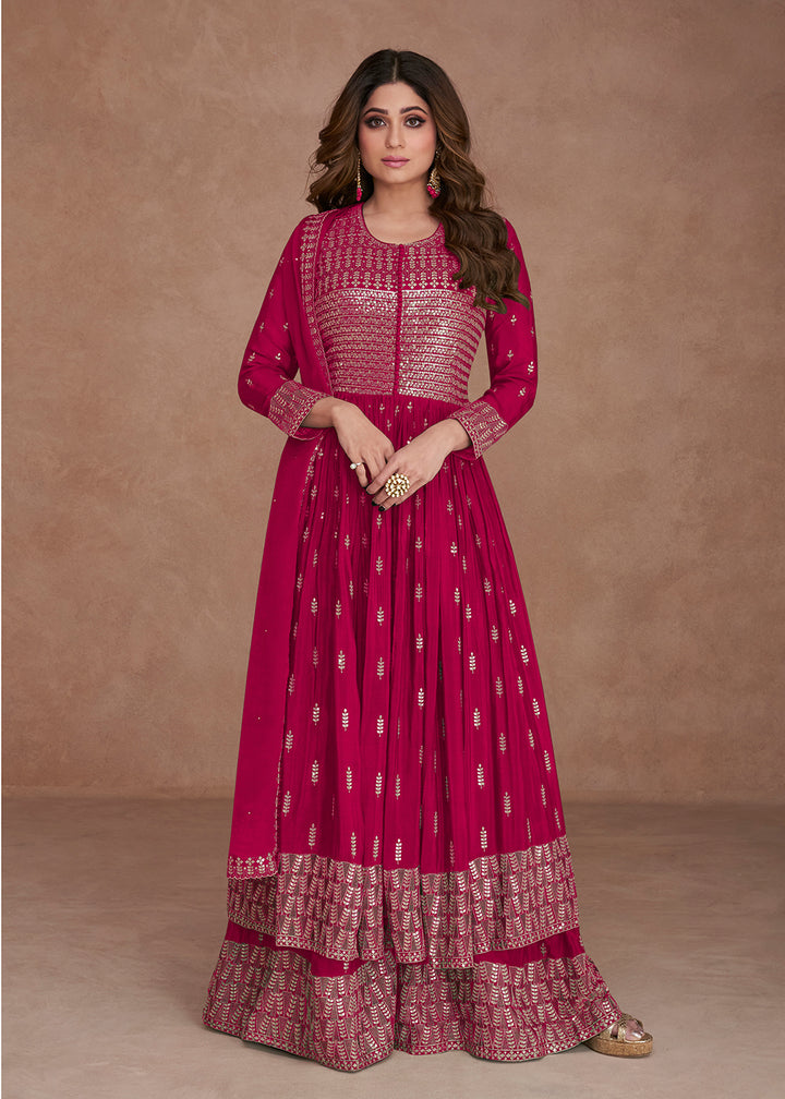 Buy Now Festive Look Alluring Pink Zari Embroidered Palazzo Suit Online in USA, UK, Canada, Germany, Australia & Worldwide at Empress Clothing.