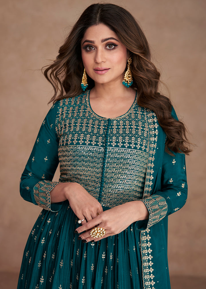 Buy Now Festive Look Beauteous Turquoise Zari Embroidered Palazzo Suit Online in USA, UK, Canada, Germany, Australia & Worldwide at Empress Clothing. 