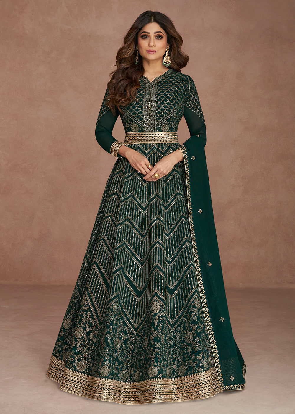 Buy Now Sequined Embroidered Dark Green Shamita Shetty Anarkali Gown Online in USA, UK, Australia, New Zealand, Canada, Italy & Worldwide at Empress Clothing. 