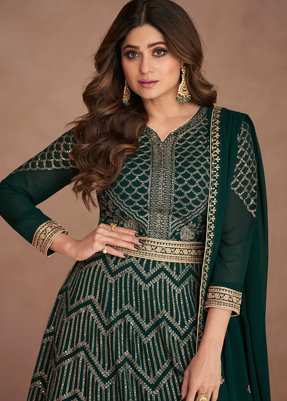 Buy Now Sequined Embroidered Dark Green Shamita Shetty Anarkali Gown Online in USA, UK, Australia, New Zealand, Canada, Italy & Worldwide at Empress Clothing. 