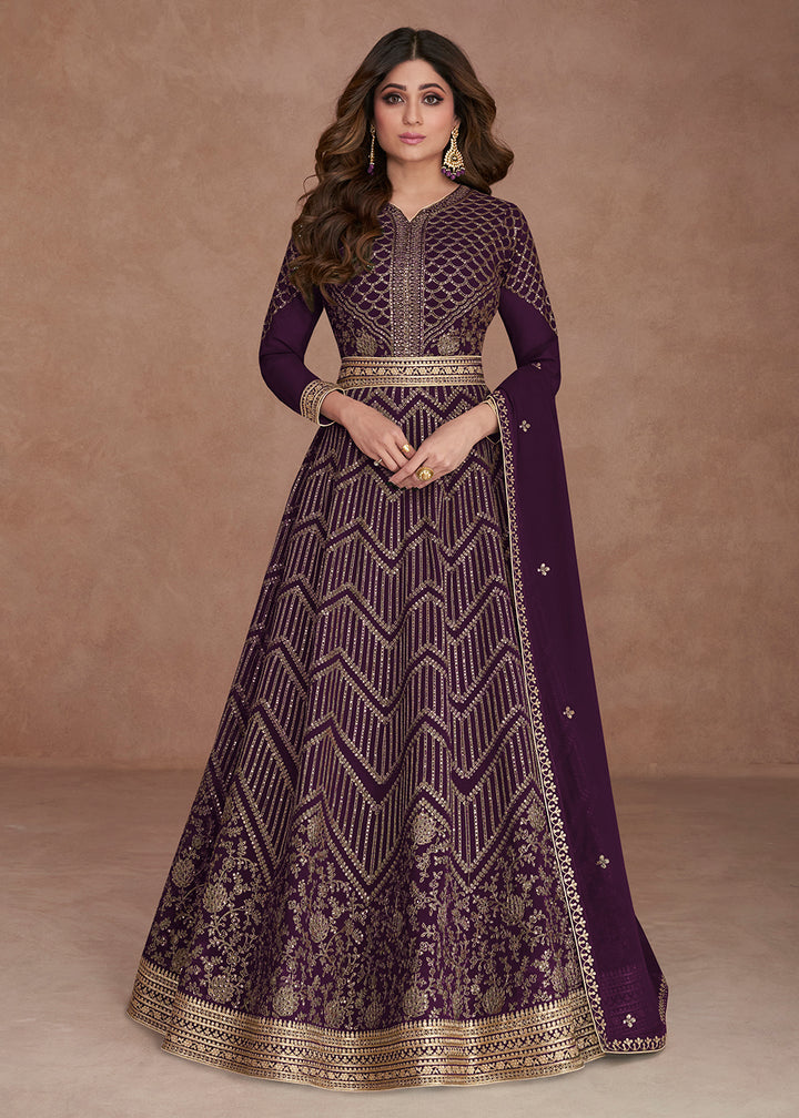 Buy Now Sequined Embroidered Wine Plum Shamita Shetty Anarkali Gown Online in USA, UK, Australia, New Zealand, Canada, Italy & Worldwide at Empress Clothing. 