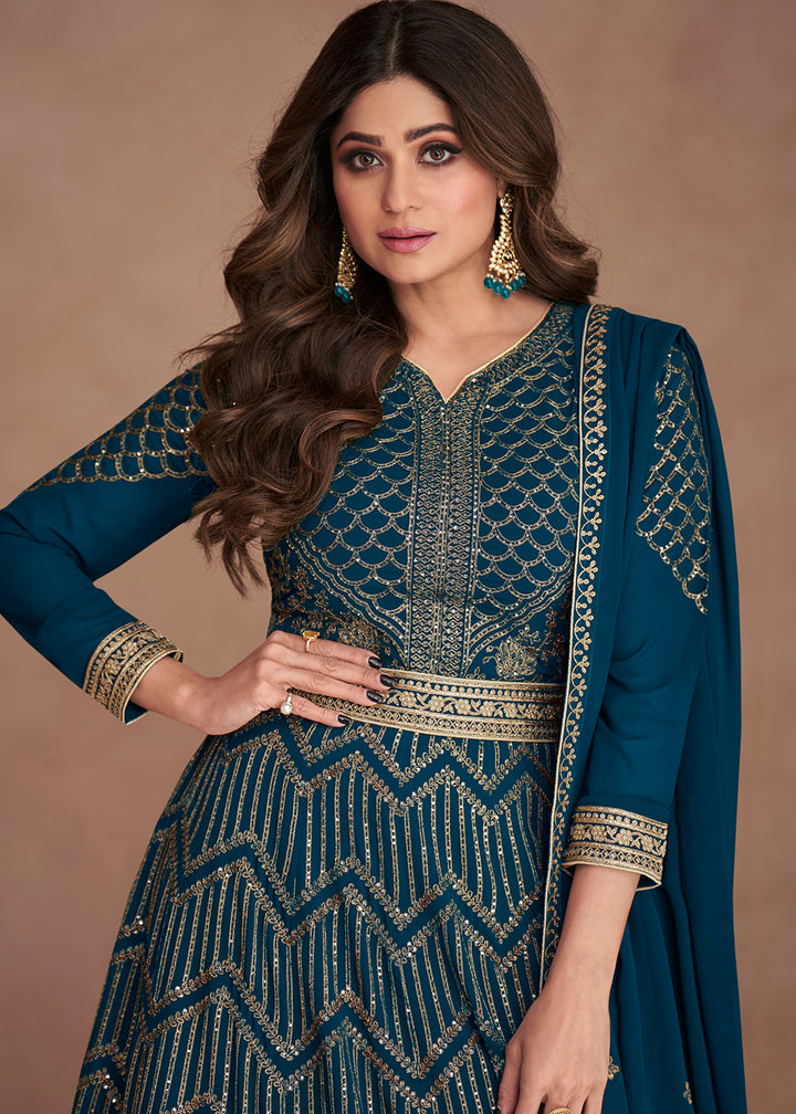 Buy Now Sequined Embroidered Teal Blue Shamita Shetty Anarkali Gown Online in USA, UK, Australia, New Zealand, Canada, Italy & Worldwide at Empress Clothing. 