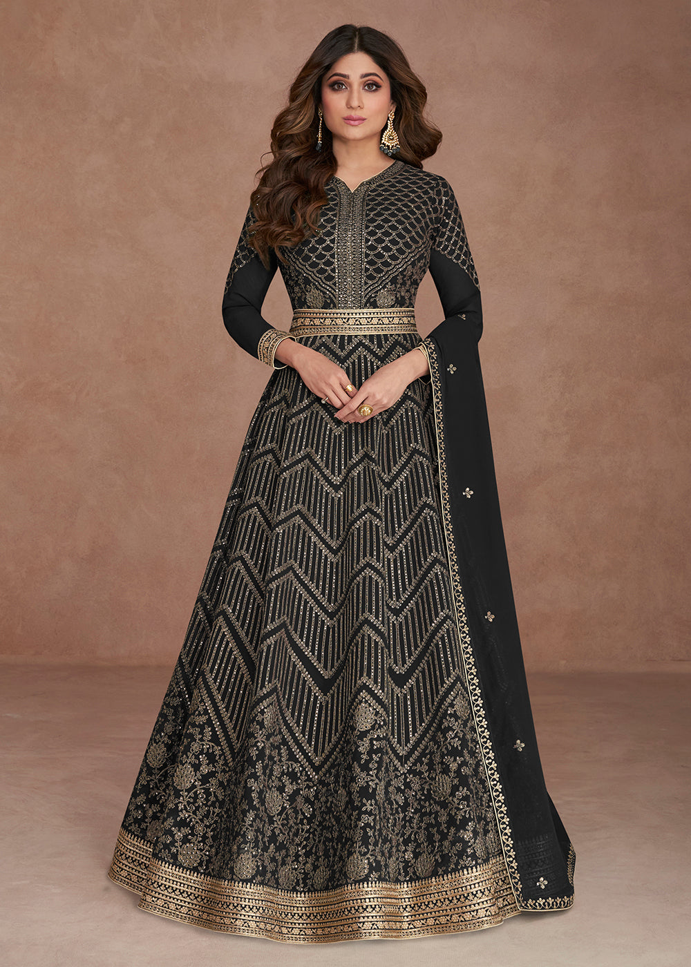 Buy Now Sequined Embroidered Black Shamita Shetty Anarkali Gown Online in USA, UK, Australia, New Zealand, Canada, Italy & Worldwide at Empress Clothing. 