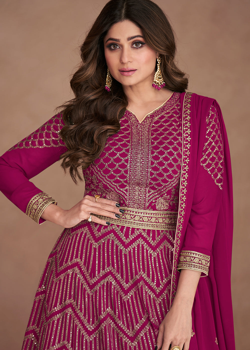 Buy Now Sequined Embroidered Hot Pink Shamita Shetty Anarkali Gown Online in USA, UK, Australia, New Zealand, Canada, Italy & Worldwide at Empress Clothing.