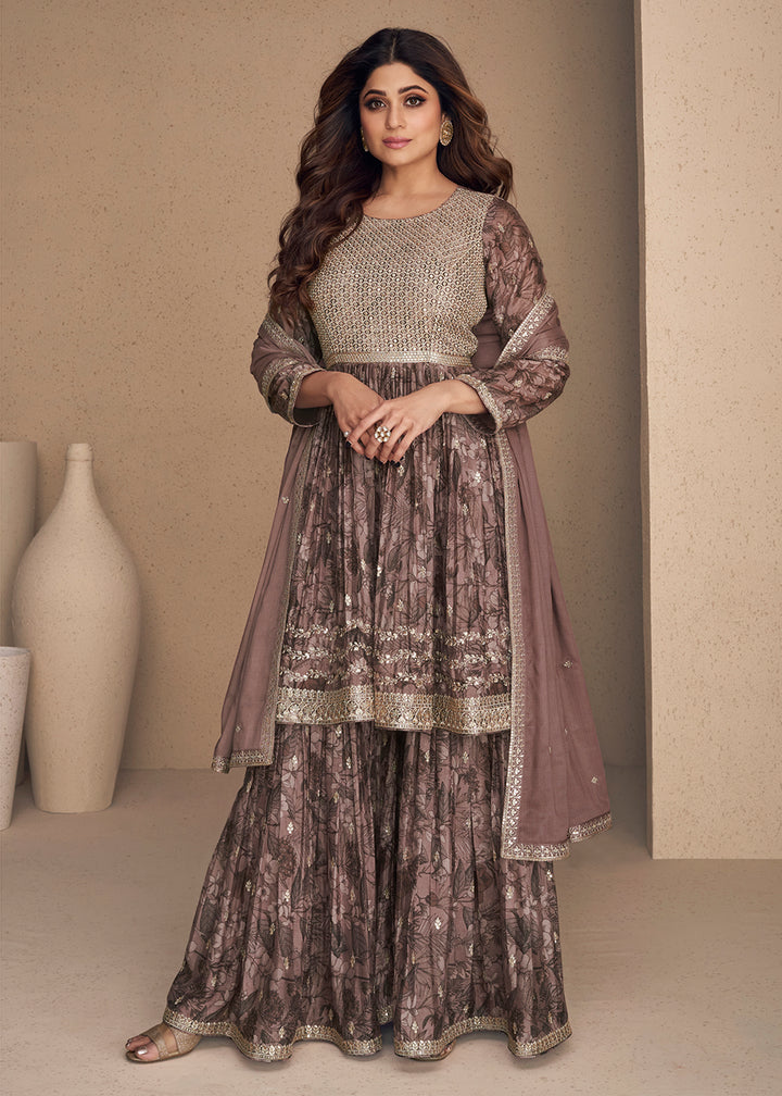 Shop Now Shamita Shetty Dusty Mauve Chinon Silk Digital Printed Sharara Suit Online at Empress Clothing in USA, UK, Canada, Italy & Worldwide. 