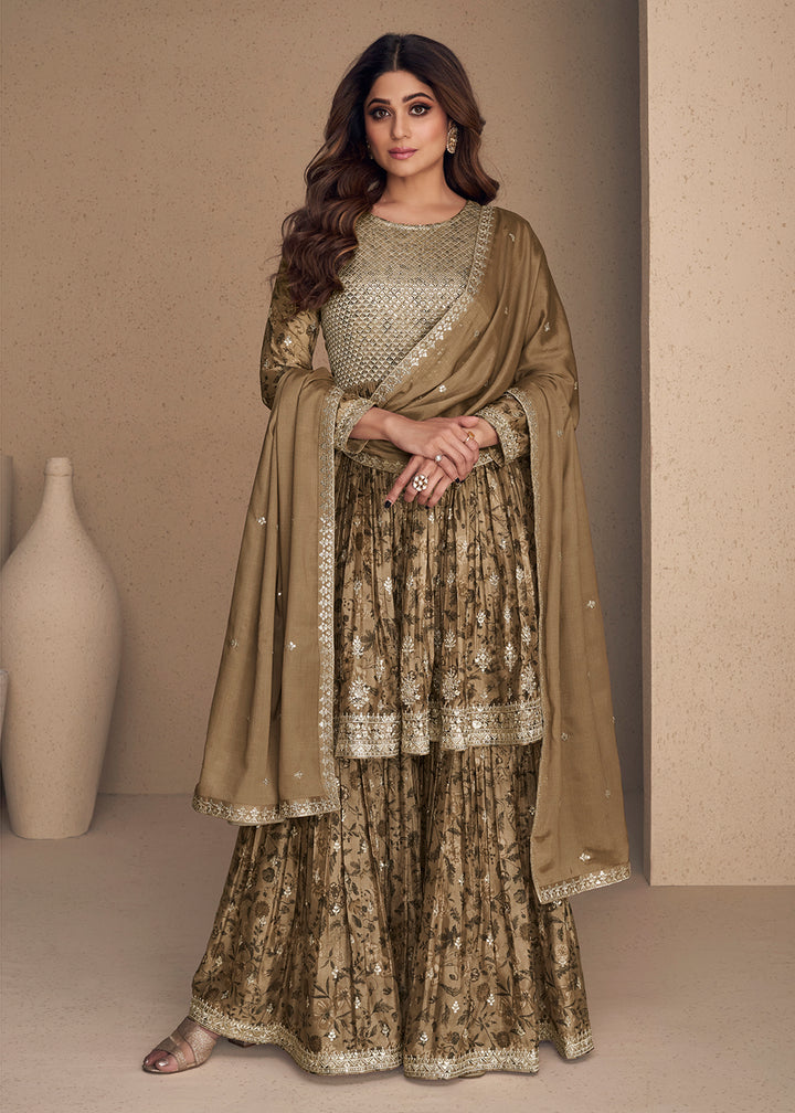 Shop Now Shamita Shetty Beige Gold Chinon Silk Digital Printed Sharara Suit Online at Empress Clothing in USA, UK, Canada, Italy & Worldwide. 