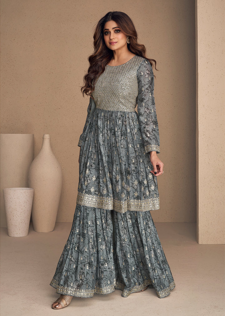 Shop Now Shamita Shetty Stone Grey Chinon Silk Digital Printed Sharara Suit Online at Empress Clothing in USA, UK, Canada, Italy & Worldwide. 