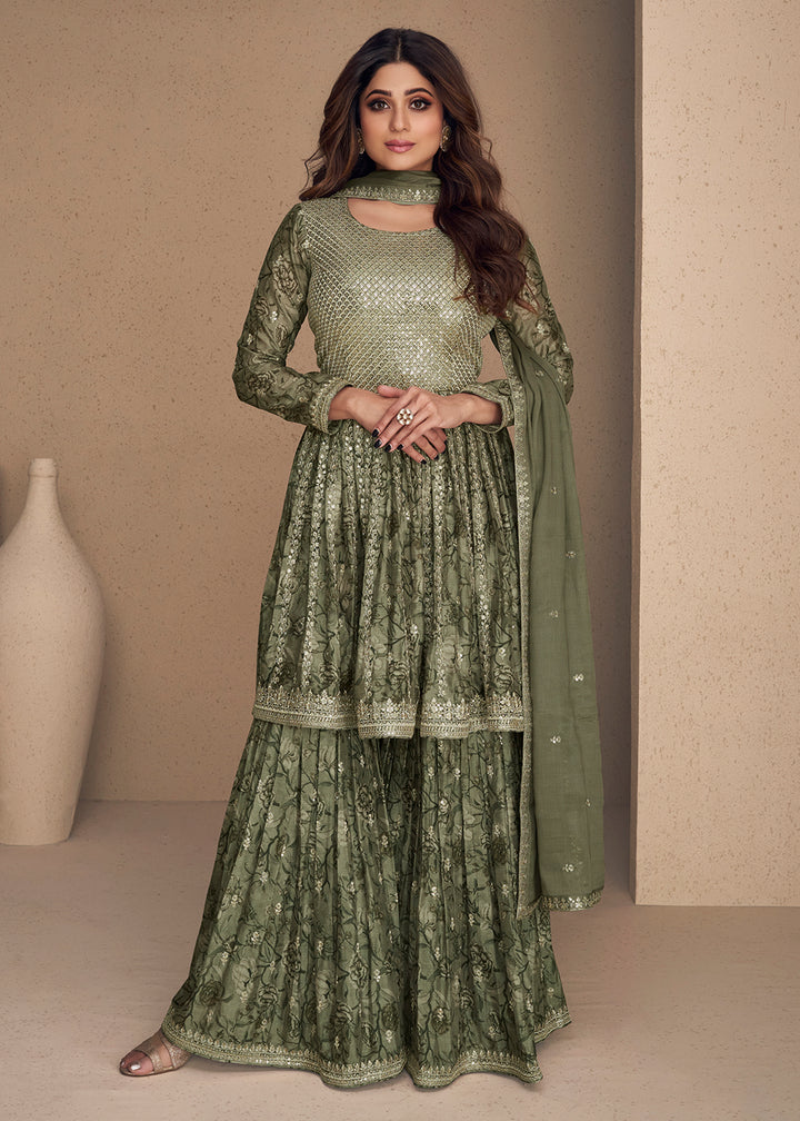 Shop Now Shamita Shetty Moss Green Chinon Silk Digital Printed Sharara Suit Online at Empress Clothing in USA, UK, Canada, Italy & Worldwide.