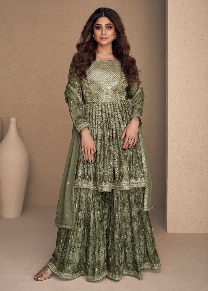 Shop Now Shamita Shetty Moss Green Chinon Silk Digital Printed Sharara Suit Online at Empress Clothing in USA, UK, Canada, Italy & Worldwide.