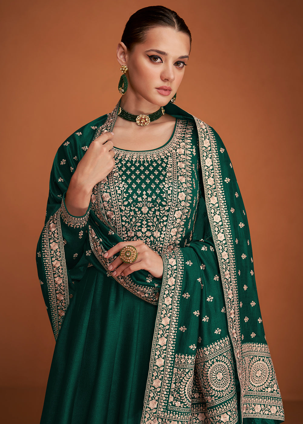 Buy Now Glamourous Bottle Green Silk Embroidered Party Wear Anarkali Online in USA, UK, Australia, New Zealand, Canada, Italy & Worldwide at Empress Clothing.