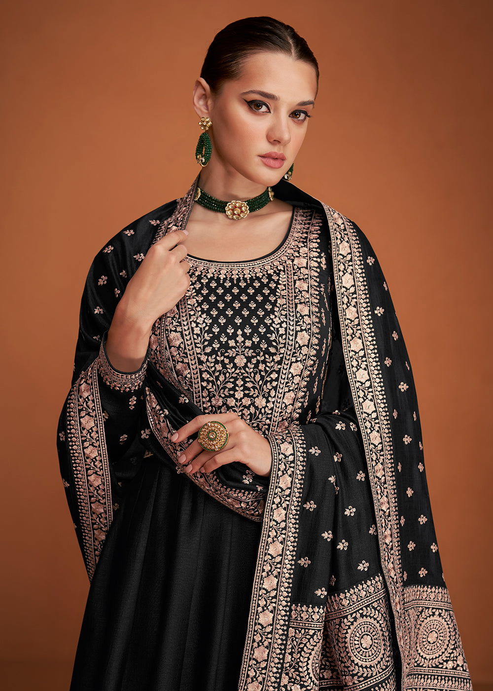 Buy Now Astonishing Black Silk Embroidered Party Wear Anarkali Online in USA, UK, Australia, New Zealand, Canada, Italy & Worldwide at Empress Clothing.