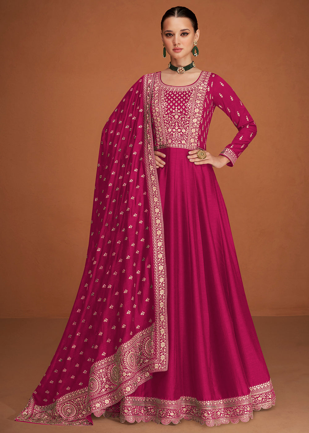 Buy Now Tantalizing Magenta Pink Silk Embroidered Party Wear Anarkali Online in USA, UK, Australia, New Zealand, Canada, Italy & Worldwide at Empress Clothing. 