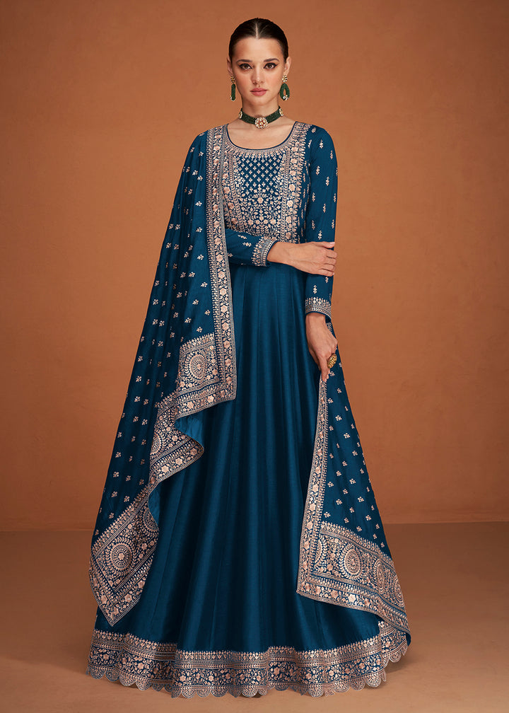 Buy Now Desirable Sapphire Blue Silk Embroidered Party Wear Anarkali Online in USA, UK, Australia, New Zealand, Canada, Italy & Worldwide at Empress Clothing. 