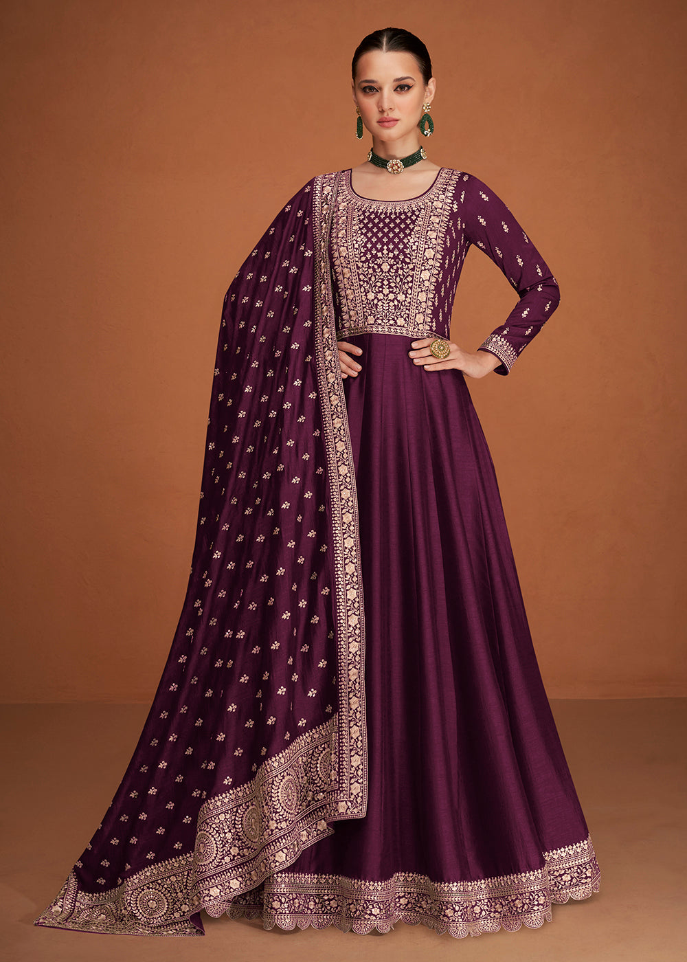 Buy Now Seductive Plum Wine Silk Embroidered Party Wear Anarkali Online in USA, UK, Australia, New Zealand, Canada, Italy & Worldwide at Empress Clothing. 