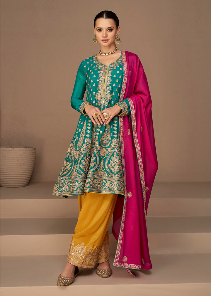 Buy Now Traditional Look Aqua Blue Chinon Silk Punjabi Style Suit Online in USA, UK, Canada, Germany, Australia & Worldwide at Empress Clothing.