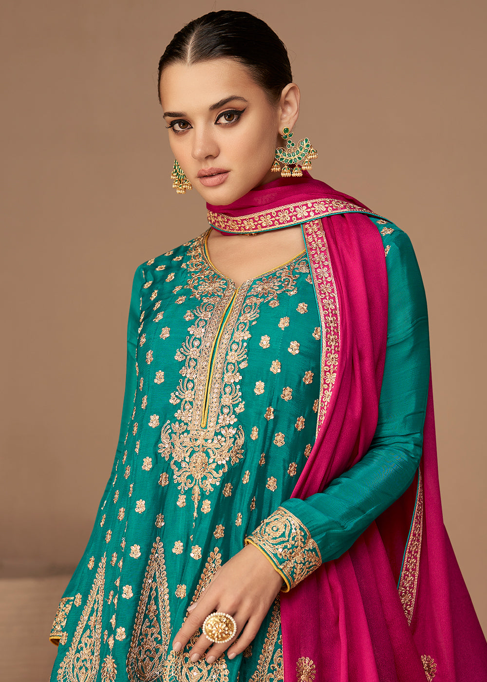 Buy Now Traditional Look Aqua Blue Chinon Silk Punjabi Style Suit Online in USA, UK, Canada, Germany, Australia & Worldwide at Empress Clothing.