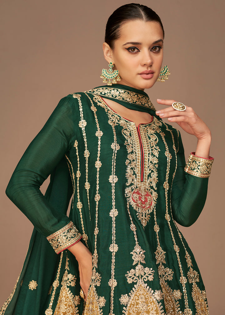 Buy Now Traditional Look Dark Green Chinon Silk Punjabi Style Suit Online in USA, UK, Canada, Germany, Australia & Worldwide at Empress Clothing. 