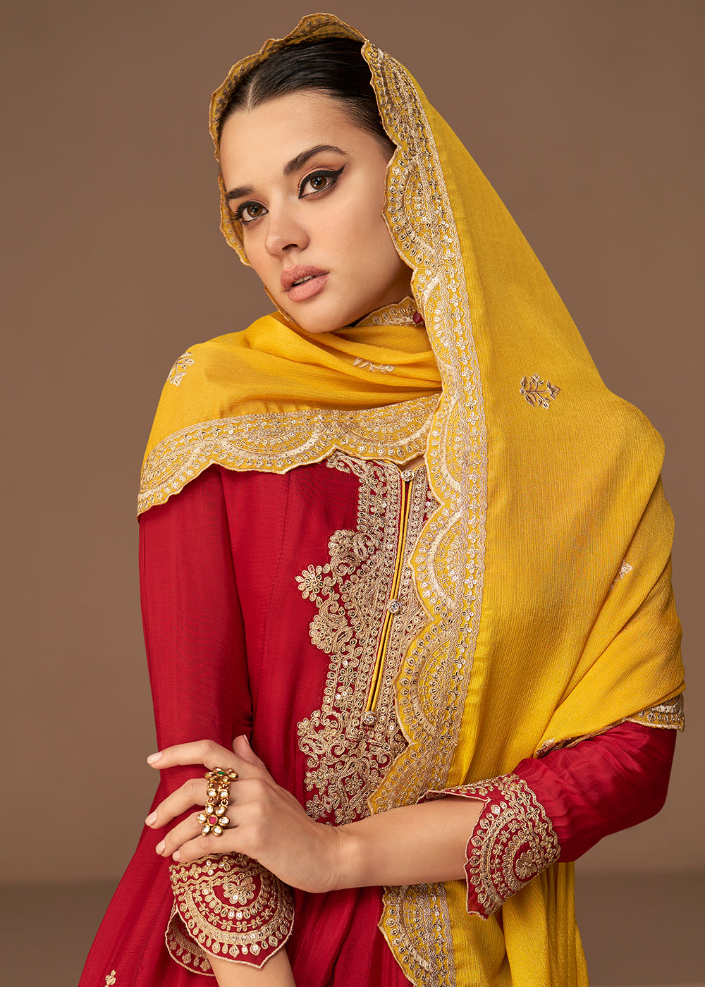Buy Now Traditional Look Bright Red Chinon Silk Punjabi Style Suit Online in USA, UK, Canada, Germany, Australia & Worldwide at Empress Clothing.