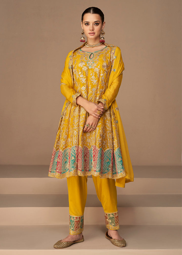 Buy Now Traditional Look Yellow Chinon Silk Punjabi Style Suit Online in USA, UK, Canada, Germany, Australia & Worldwide at Empress Clothing.