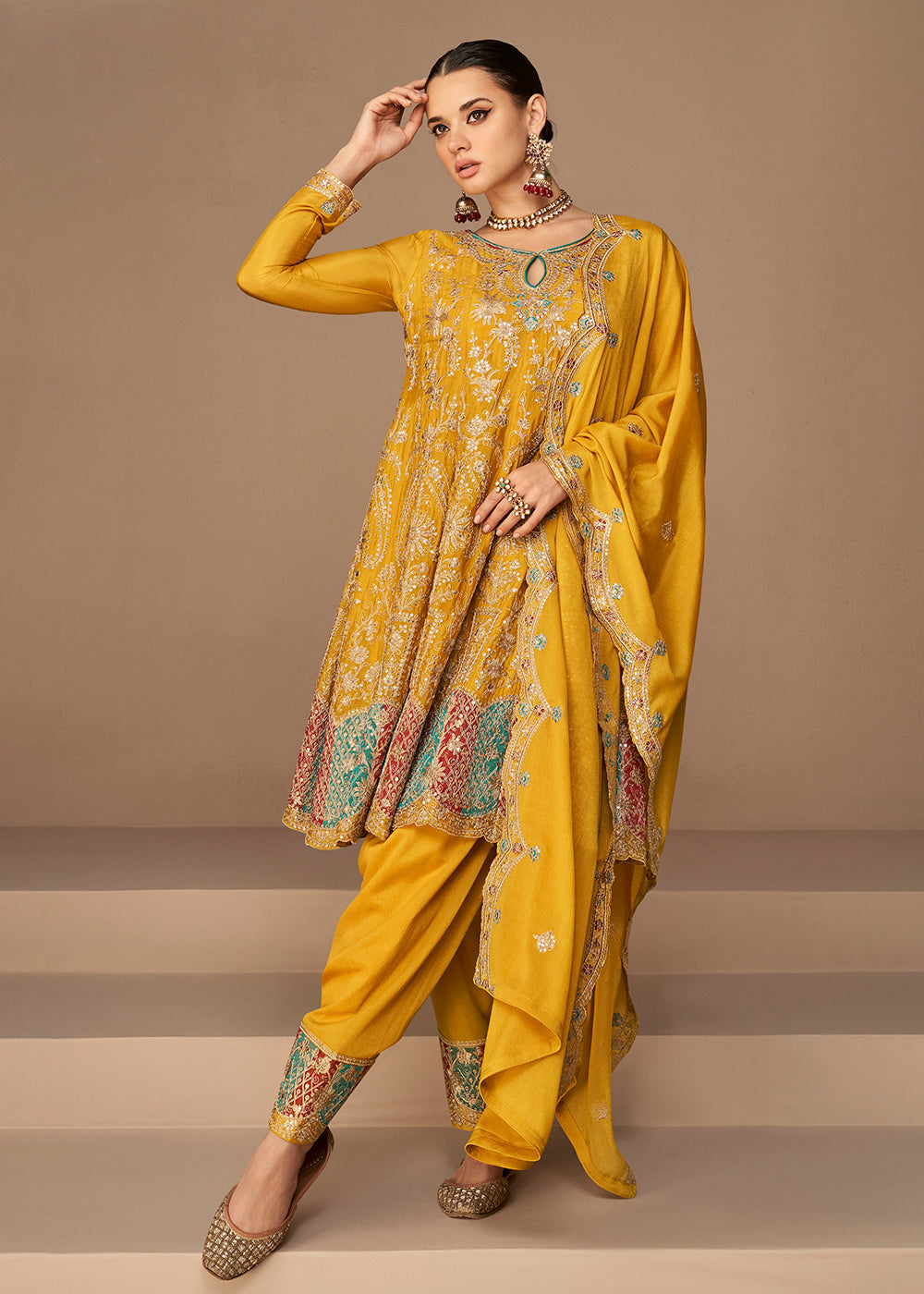 Buy Now Traditional Look Yellow Chinon Silk Punjabi Style Suit Online in USA, UK, Canada, Germany, Australia & Worldwide at Empress Clothing.