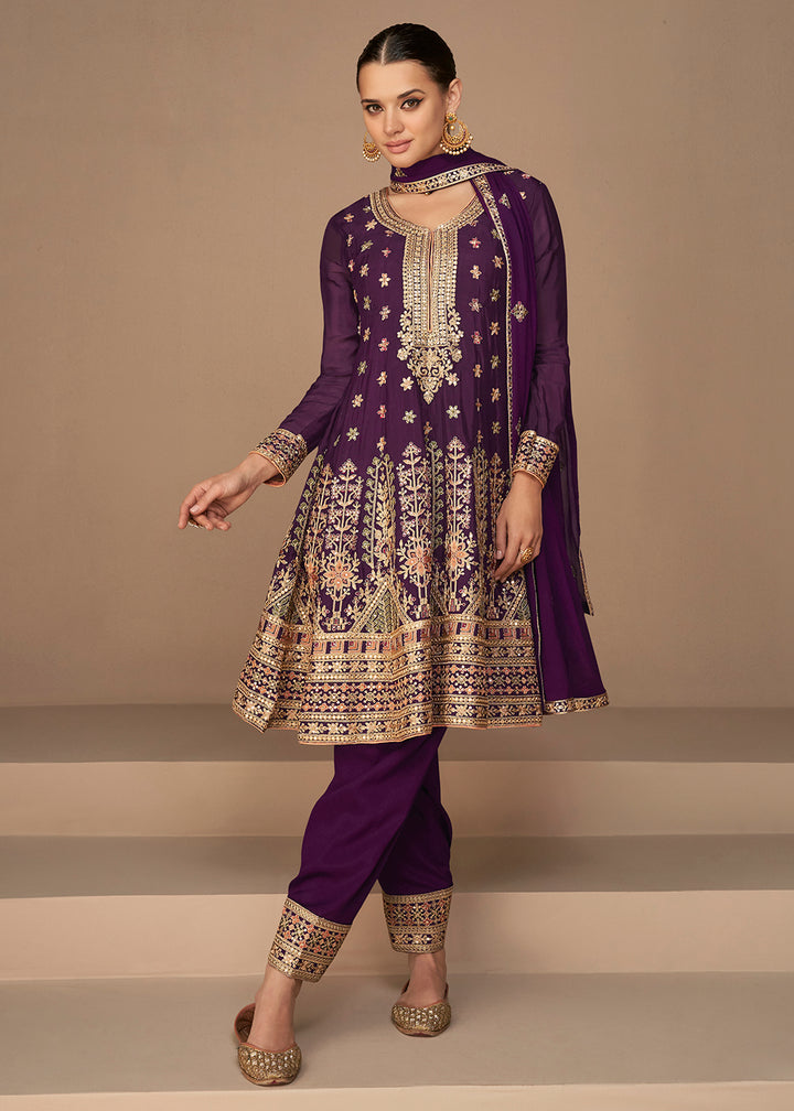 Buy Now Traditional Look Wine Purple Chinon Silk Punjabi Style Suit Online in USA, UK, Canada, Germany, Australia & Worldwide at Empress Clothing.