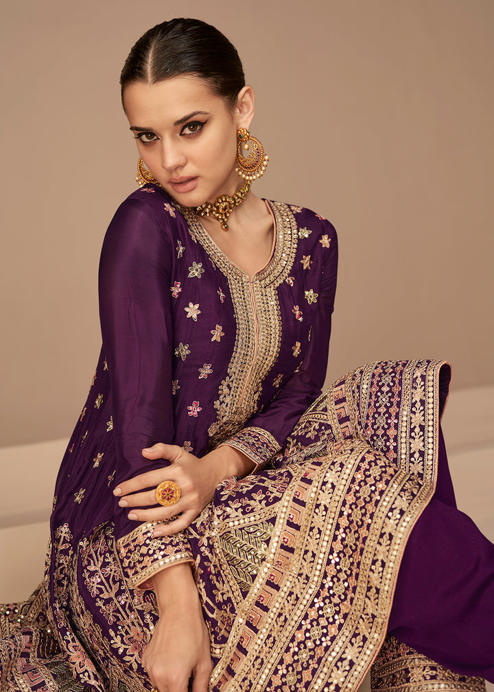 Buy Now Traditional Look Wine Purple Chinon Silk Punjabi Style Suit Online in USA, UK, Canada, Germany, Australia & Worldwide at Empress Clothing.