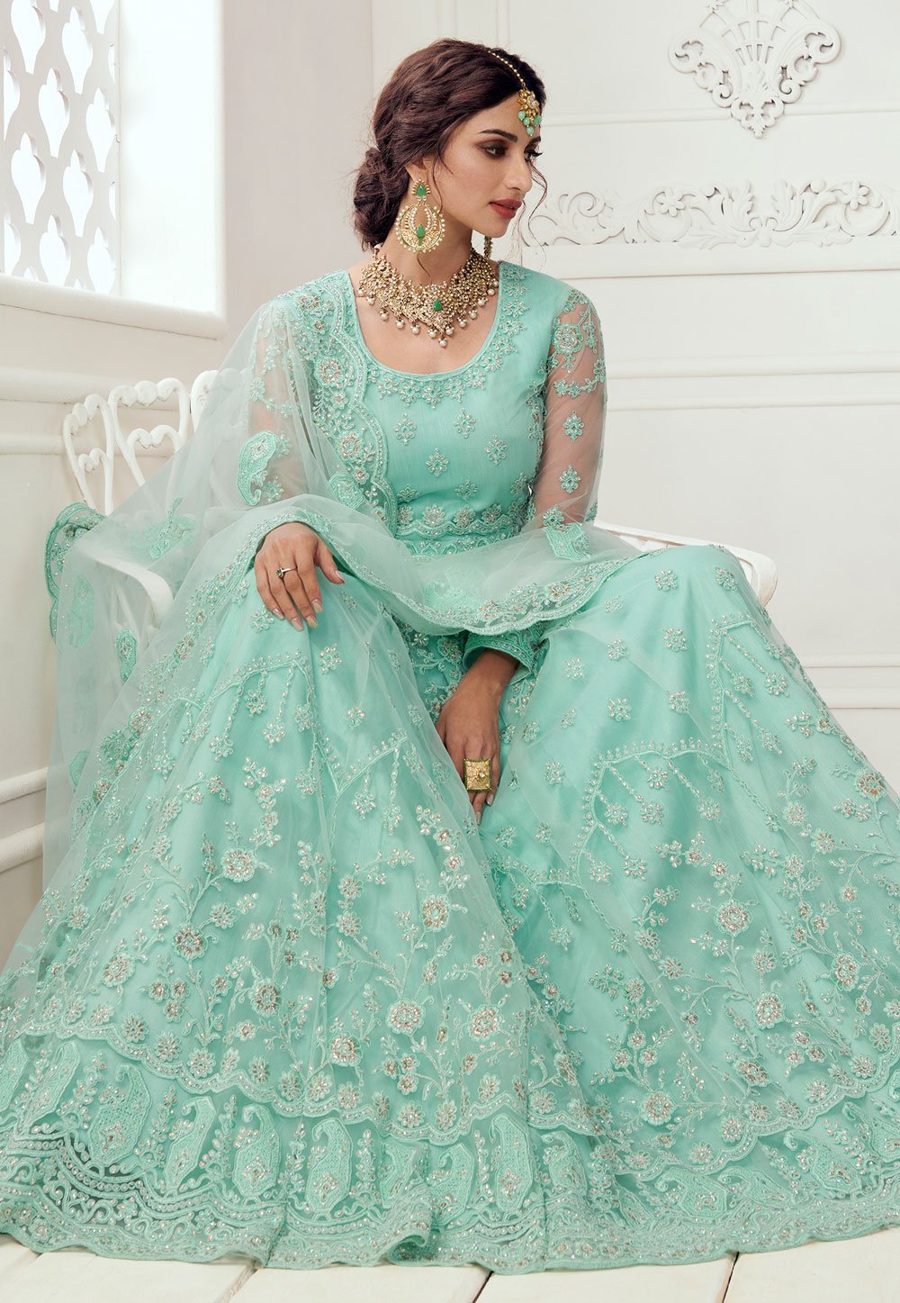 Mint Blue Net Embroidered Wedding Lehenga Choli