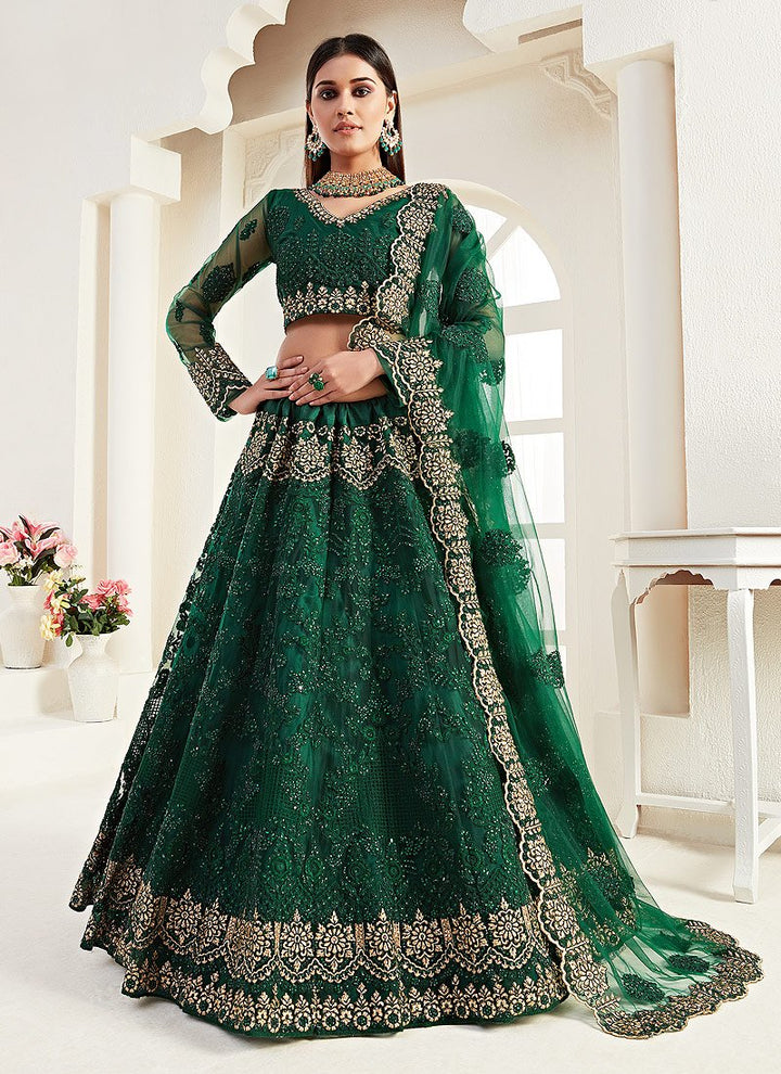 Dark Green Net Embroidered Wedding Lehenga Choli