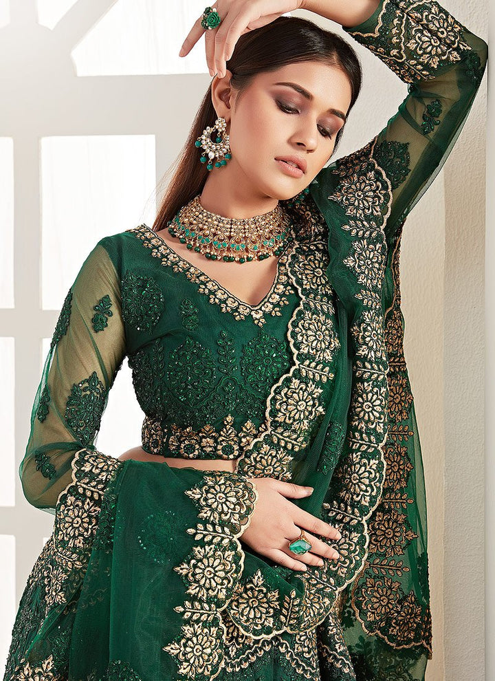 Dark Green Net Embroidered Wedding Lehenga Choli