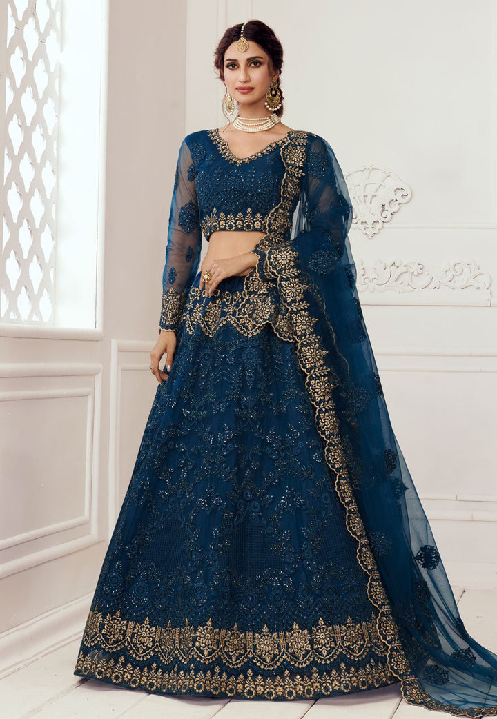 Blue Net Lehenga - Buy Net Embroidered Wedding Lehenga