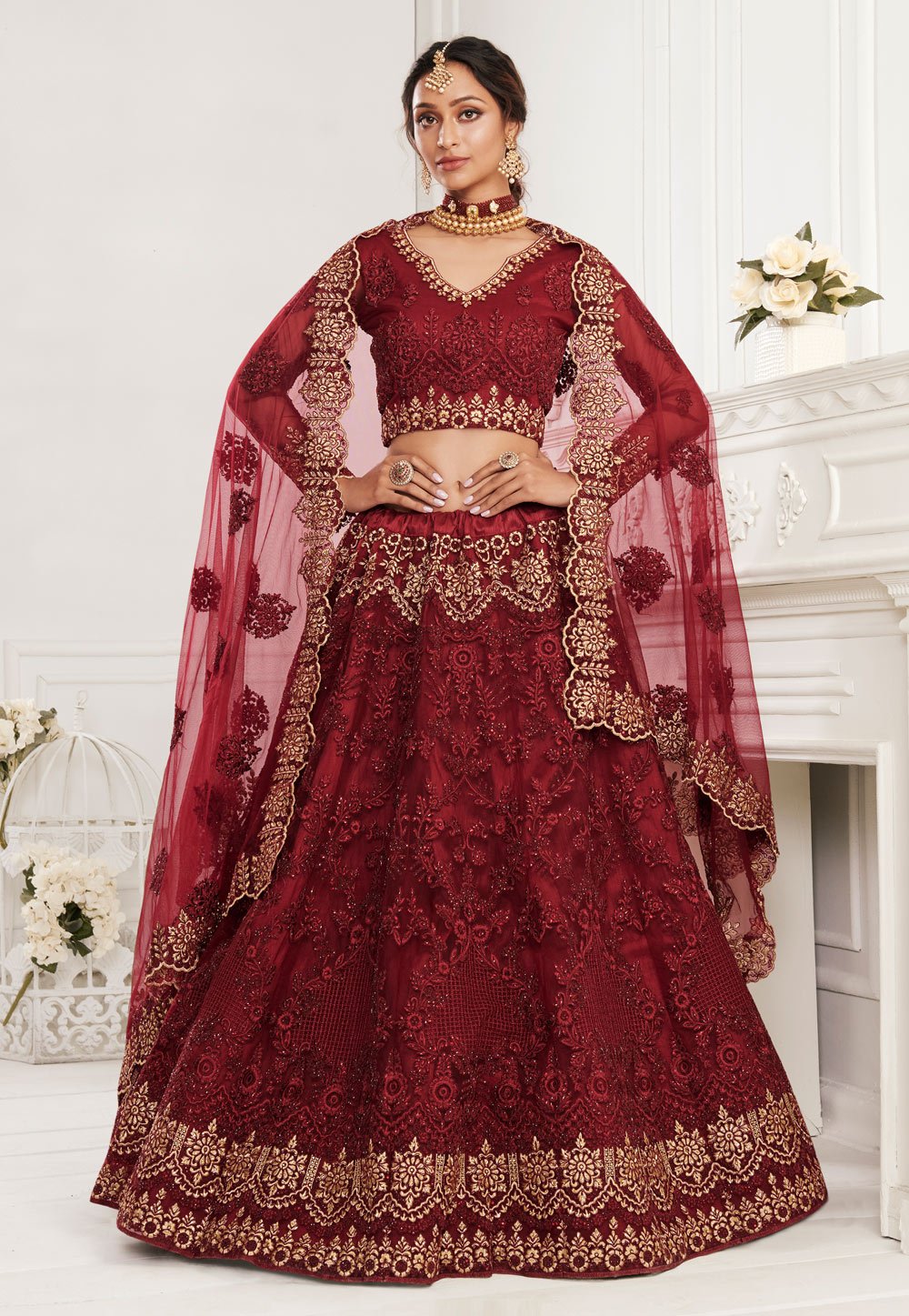 Red Net Lehenga - Buy Net Embroidered Wedding Lehenga