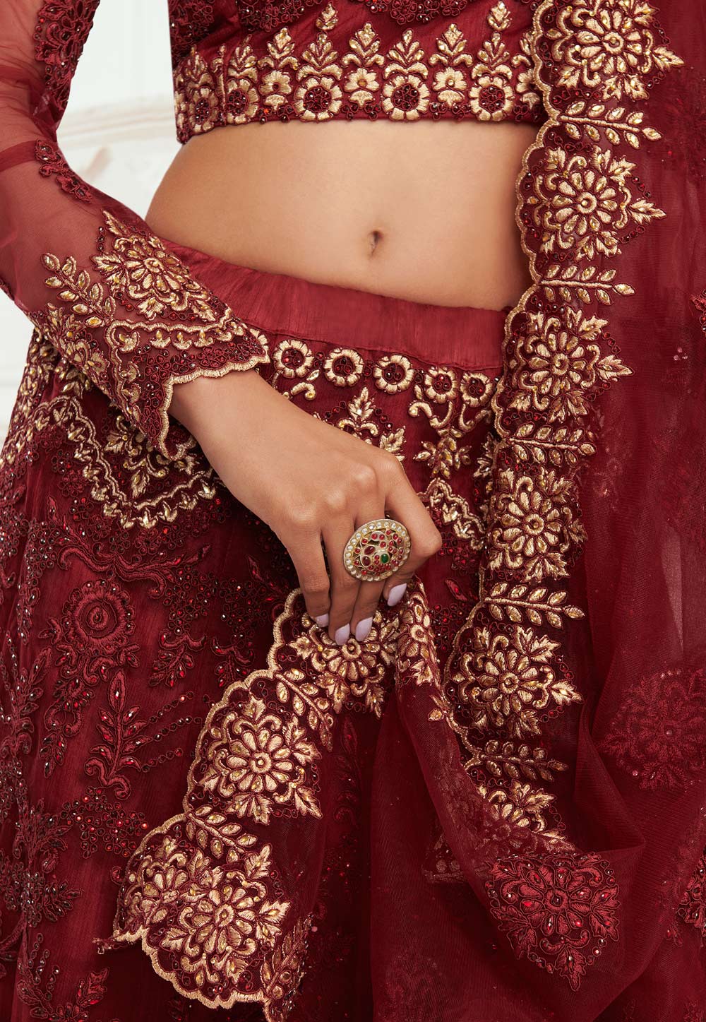 Red Net Embroidered Wedding Lehenga Choli