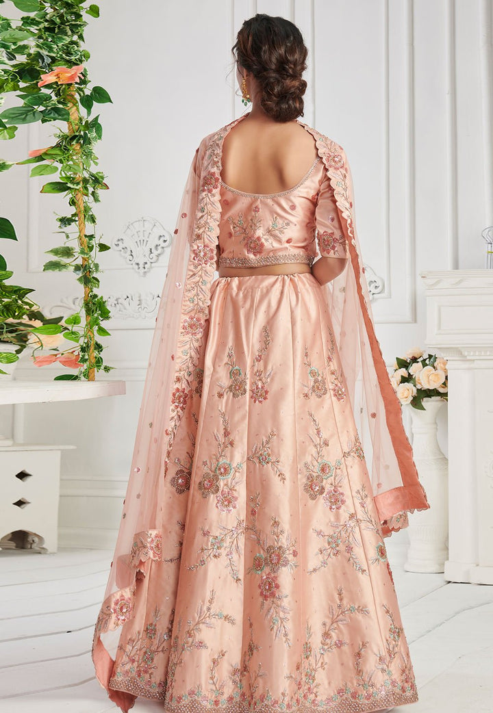 Peach Elegant Sequins Embroidered Silk Bridal Lehenga Choli