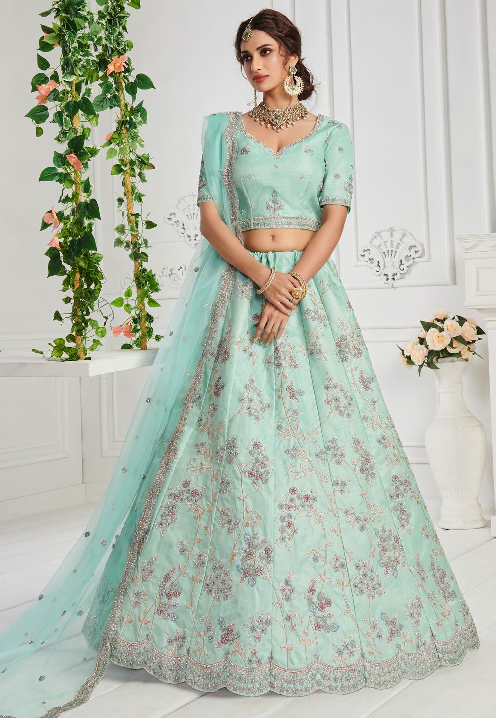 Pale Turquoise Sequins Lehenga - Embroidered Bridal Lehenga Choli